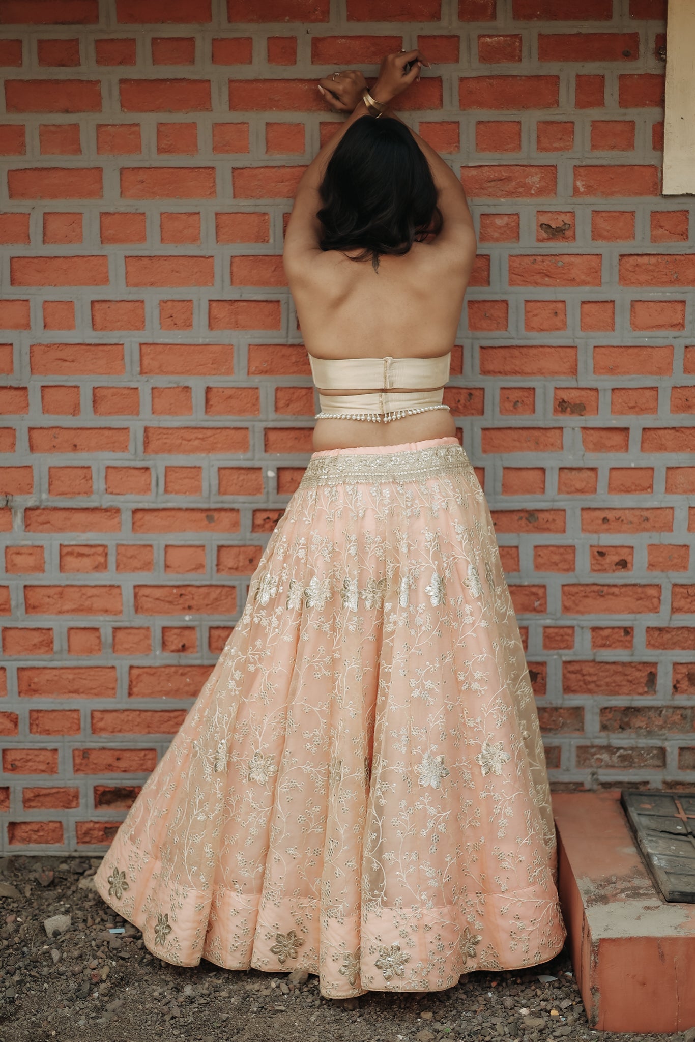 Light Peach Foil Embroidery Lehenga Set