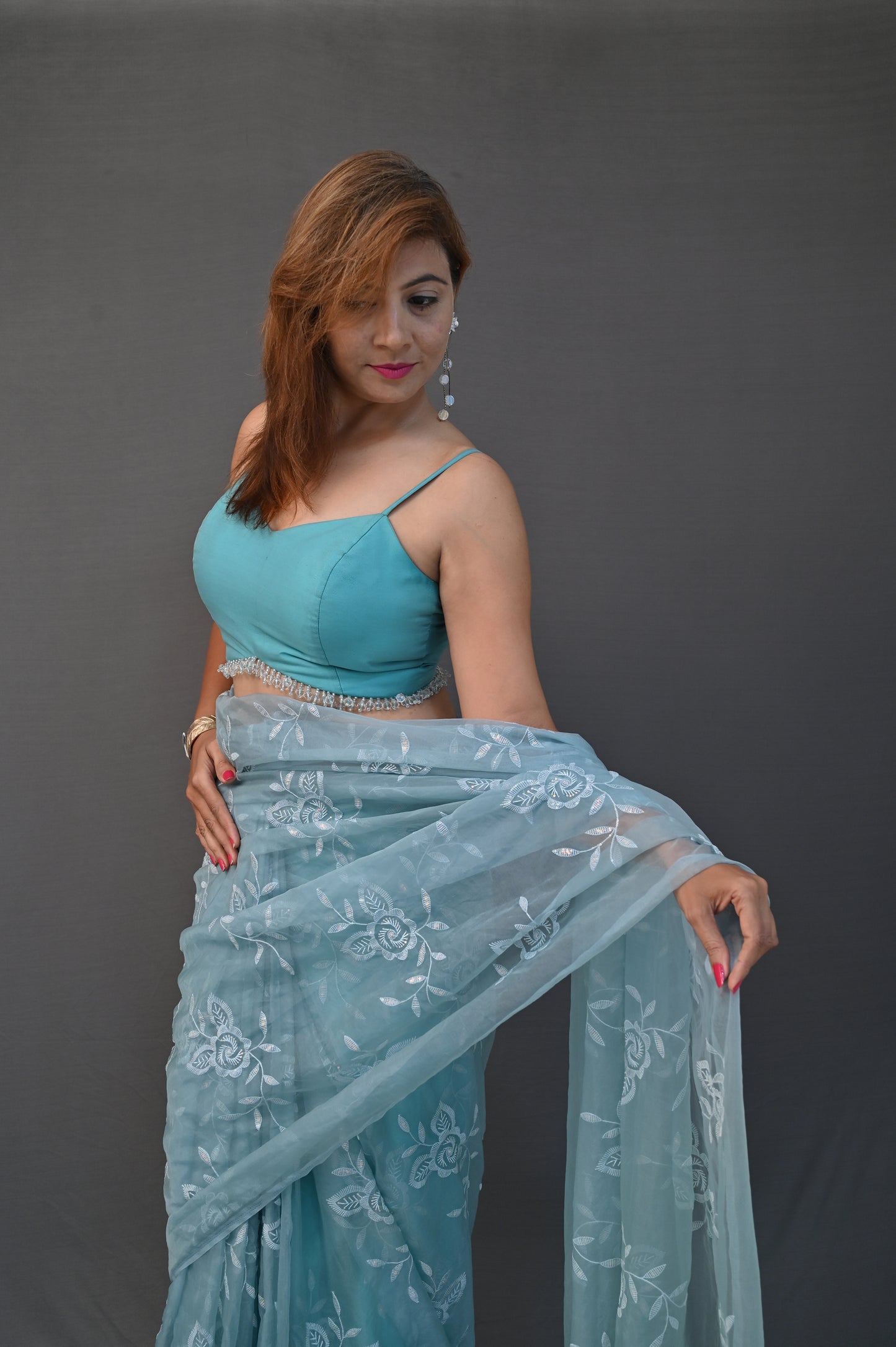 Narrow Strip Blouse With Handcrafted Beaded Waist