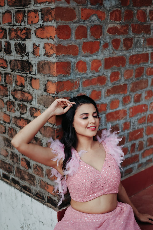 Mirror-Studded With Feather Detailing Shoulder Blouse