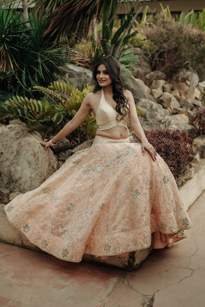 Light Peach Foil Embroidery Lehenga Set