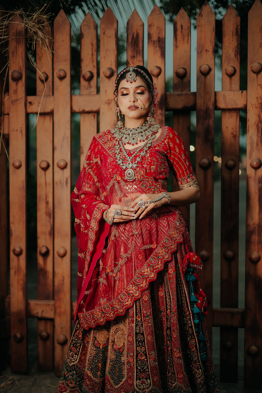 Red Raw Silk And Velvet Lehenga Set