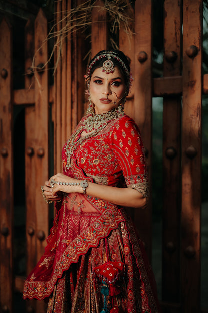 Red Raw Silk And Velvet Lehenga Set