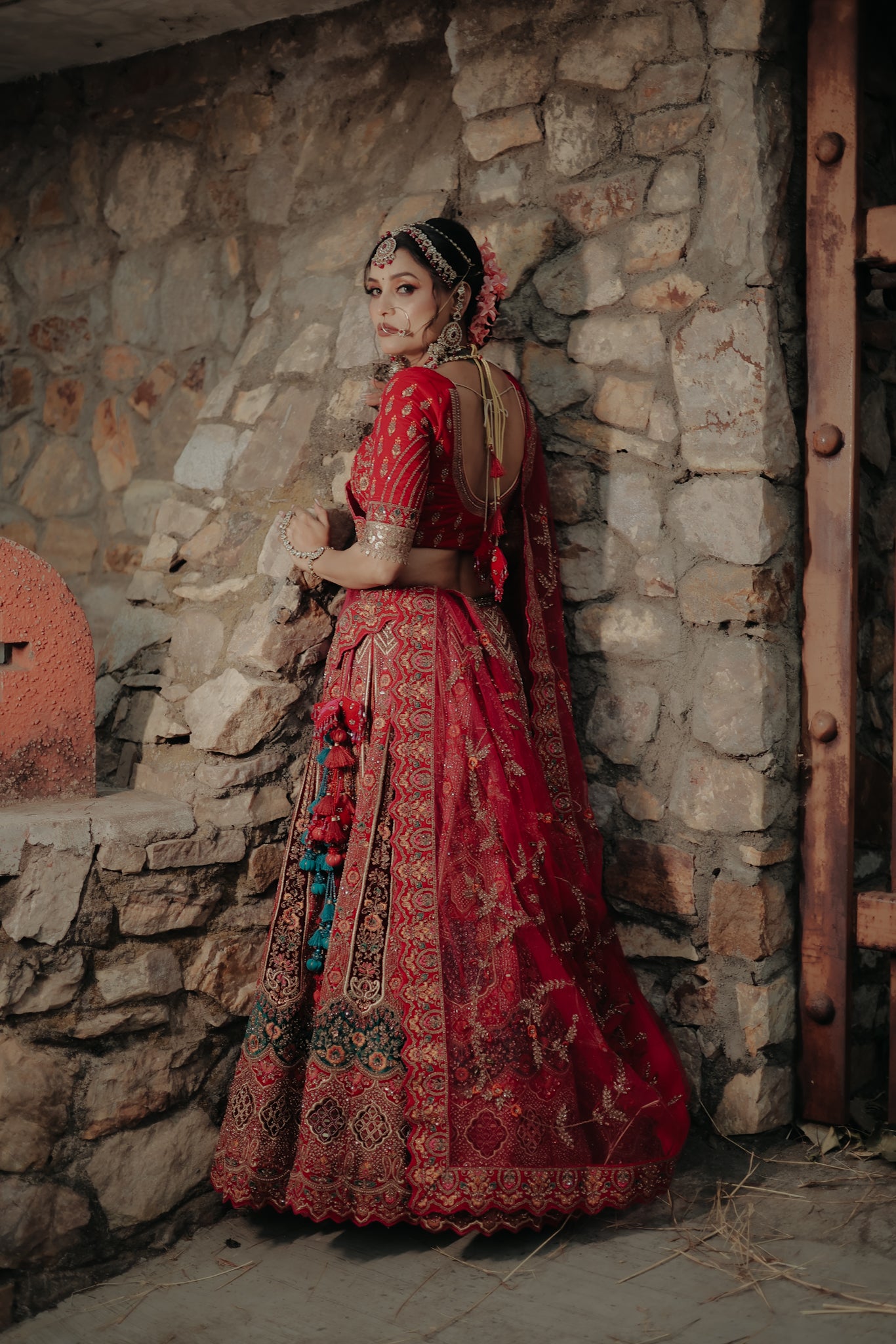 Red Raw Silk And Velvet Lehenga Set