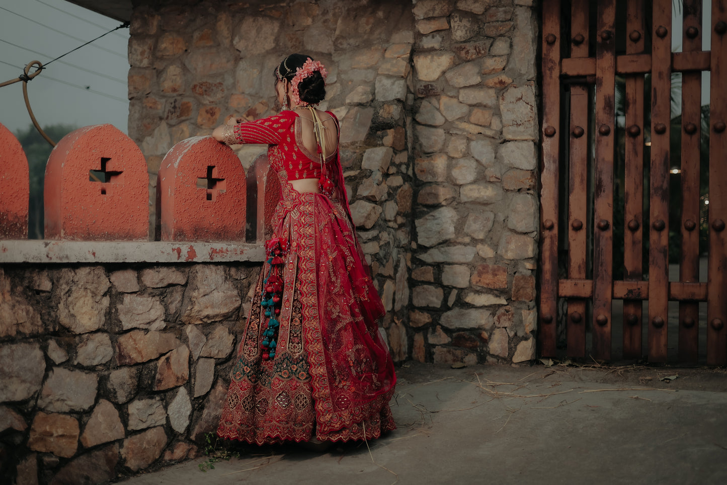 Red Raw Silk And Velvet Lehenga Set