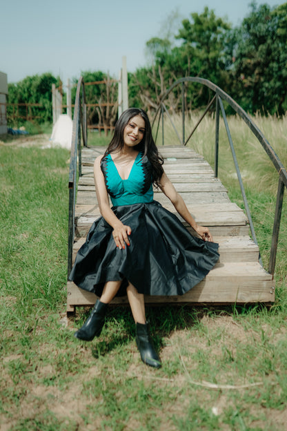 Bottle Green & Black Color Pineapple Stripes Frock