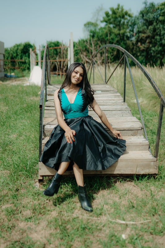 Bottle Green & Black Color Pineapple Stripes Frock