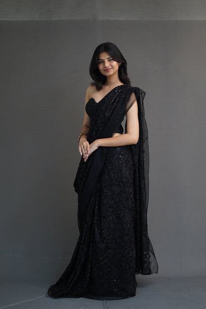 Deep Black Net Saree