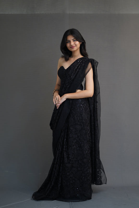 Deep Black Net Saree