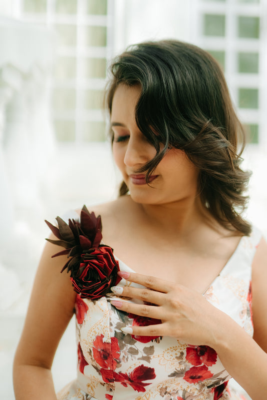 Red Flower Duchess Satin Frock