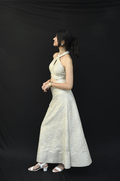 Off White Sequin Embroidery Skirt Top Set
