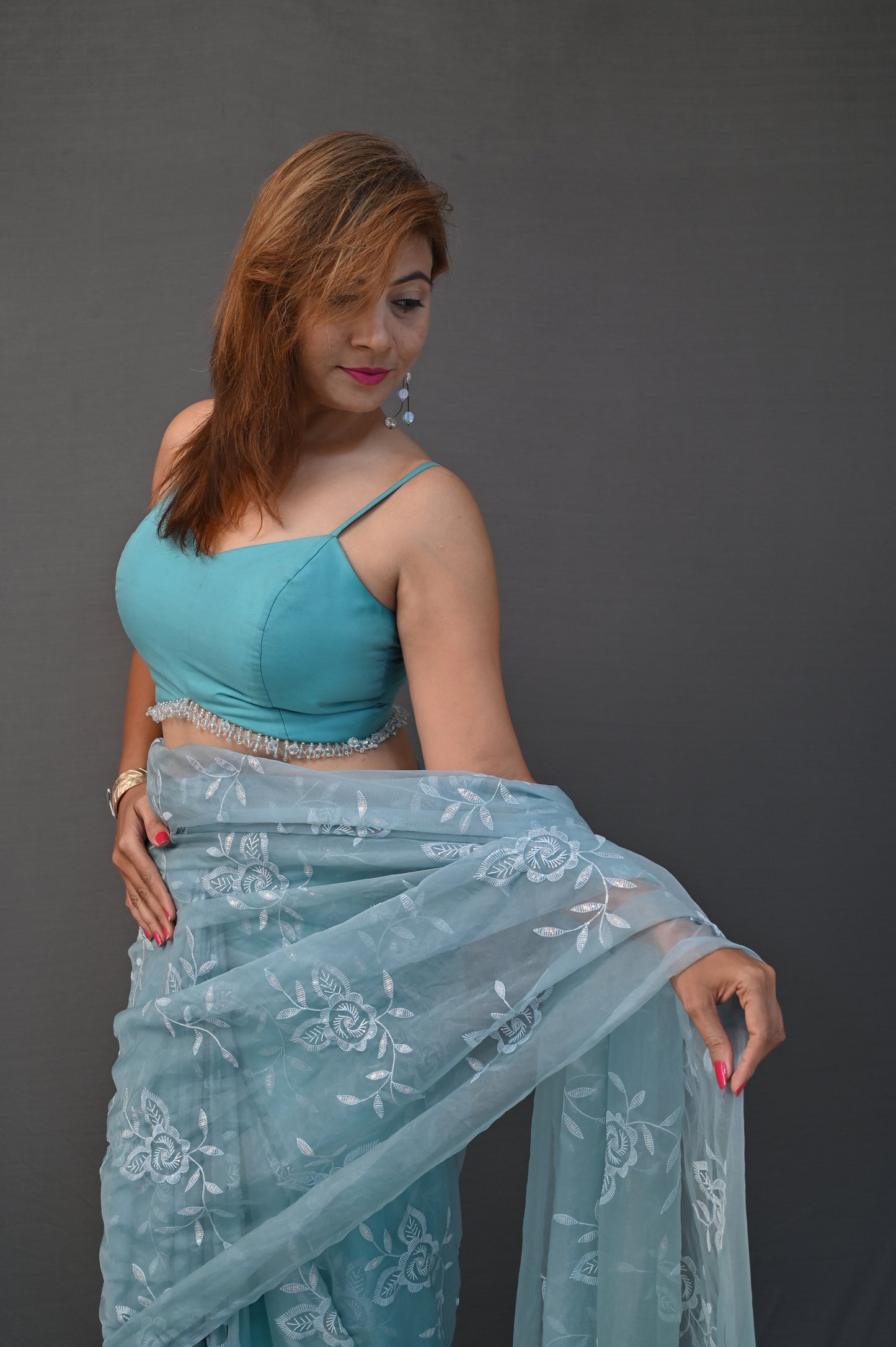 Narrow Strip Blouse With Handcrafted Beaded Waist