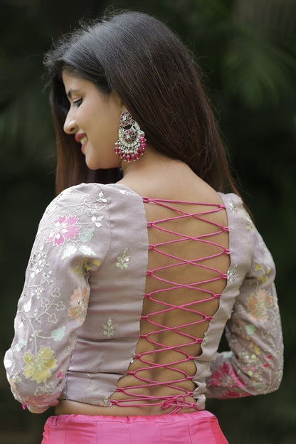 Backless Ash Grey Embroidery Blouse