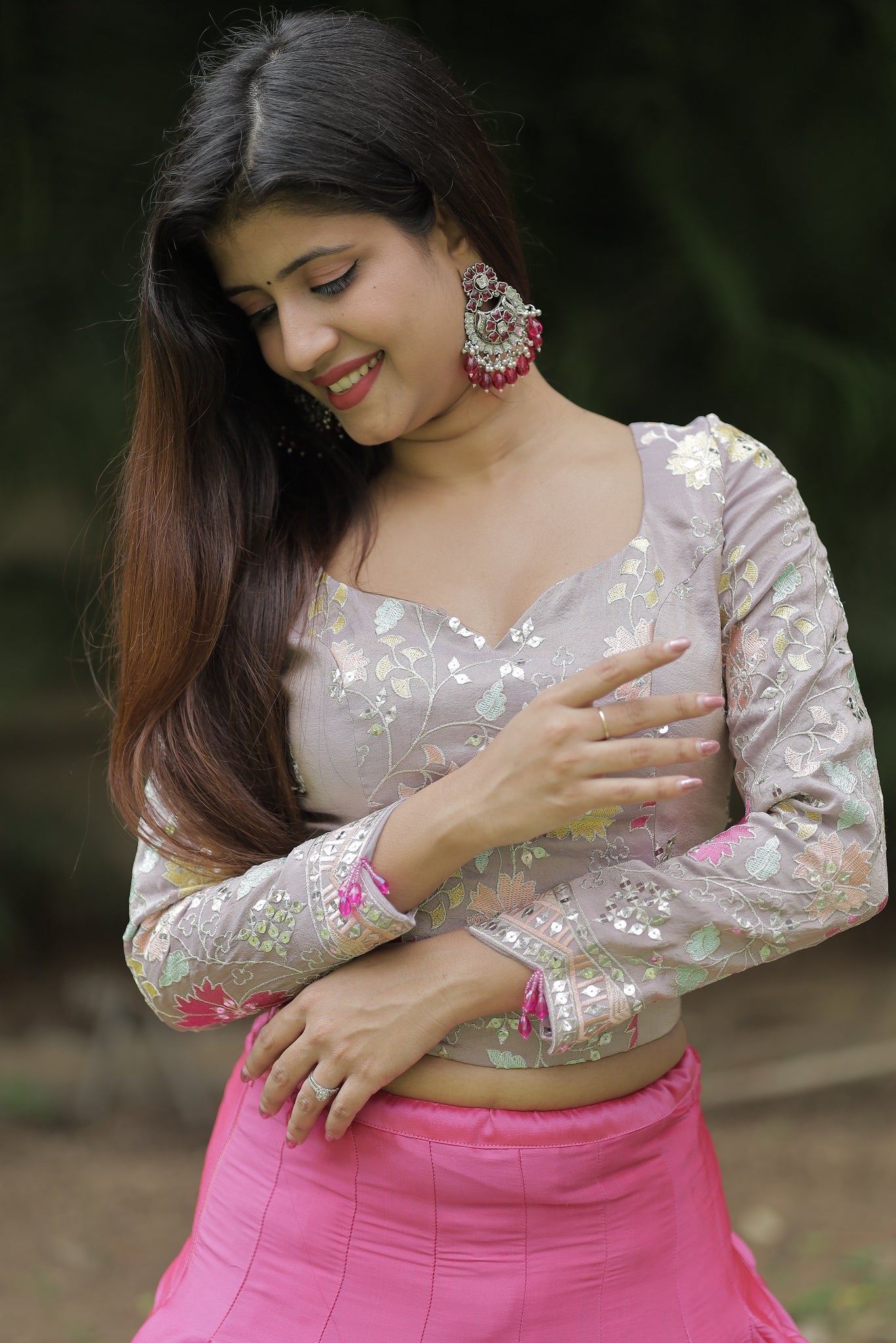 Backless Ash Grey Embroidery Blouse