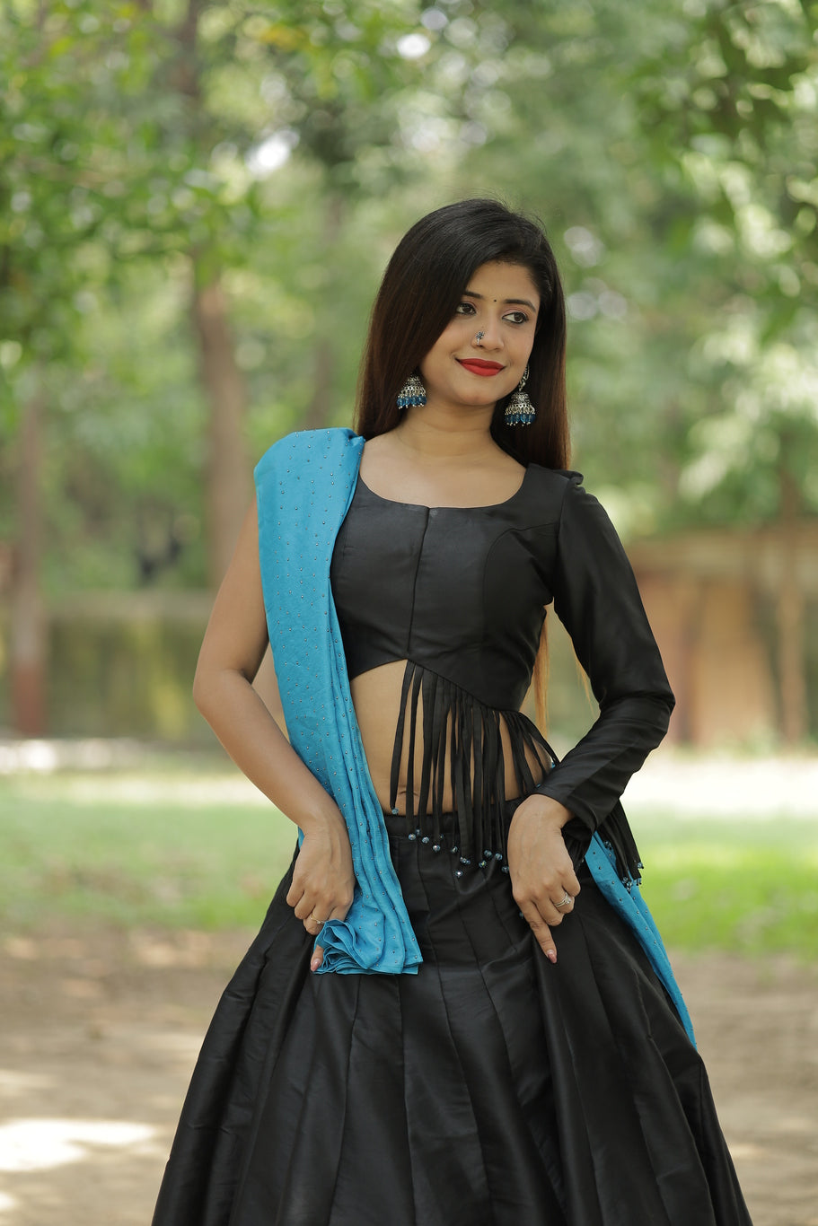 Black Asymmetric Multi Strip Blouse And Sleeve