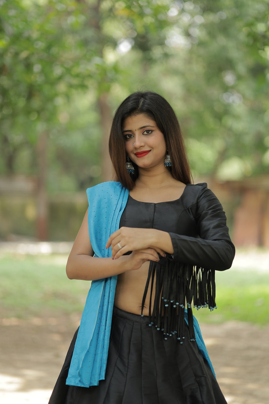 Black Asymmetric Multi Strip Blouse And Sleeve