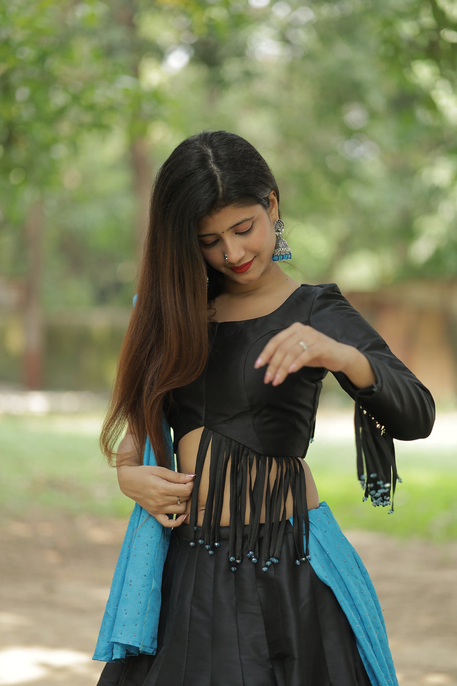 Black Asymmetric Multi Strip Blouse And Sleeve