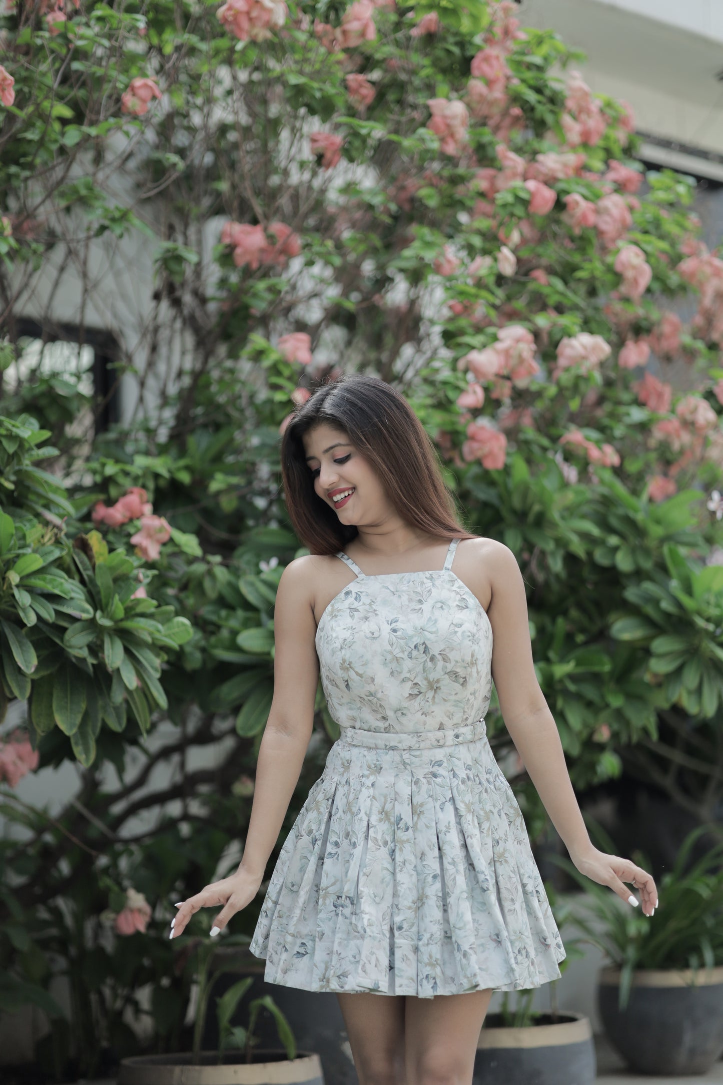 Front High Neck And Backless Box Plaited Frock With Customized Cap And Waist Belt
