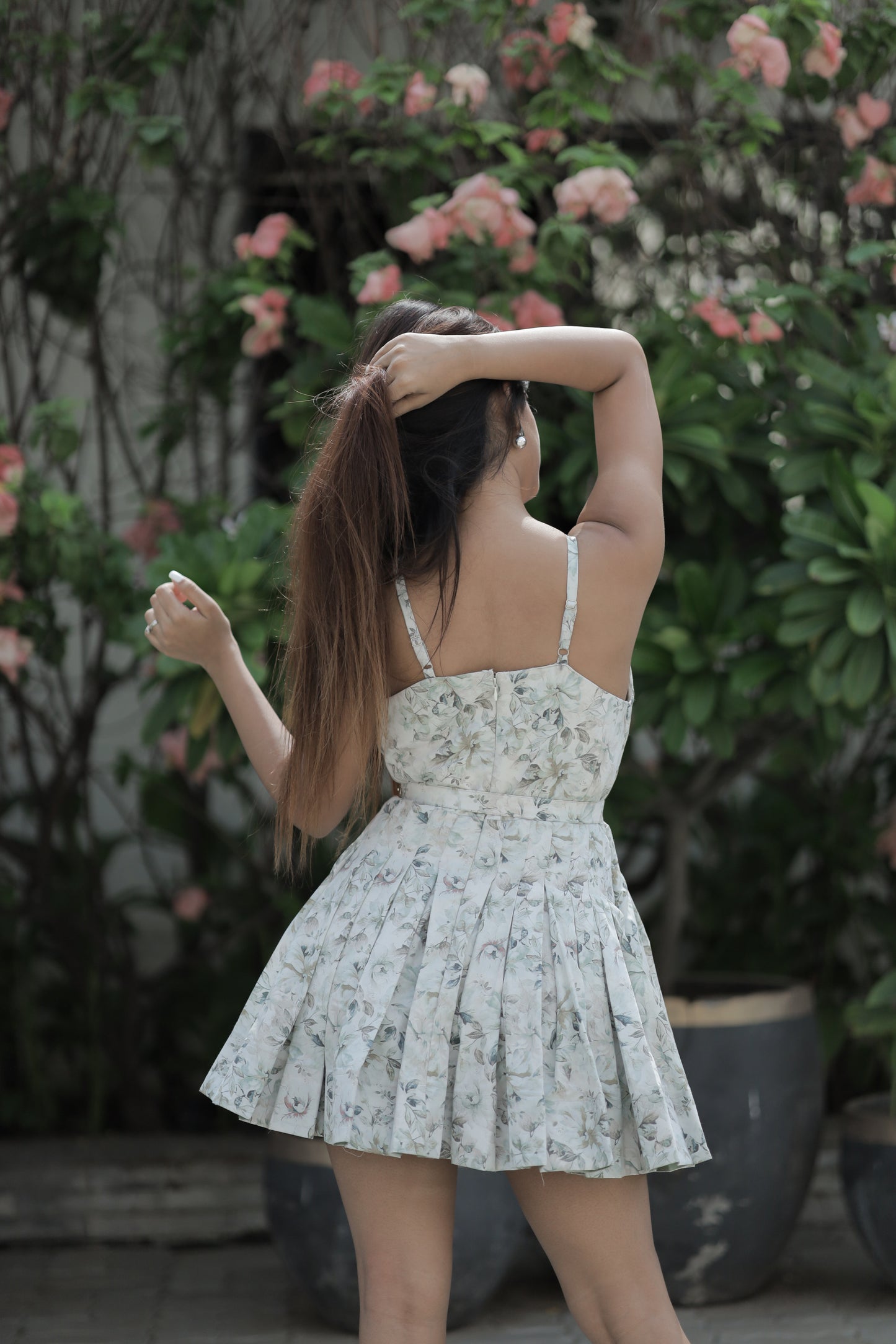 Front High Neck And Backless Box Plaited Frock With Customized Cap And Waist Belt