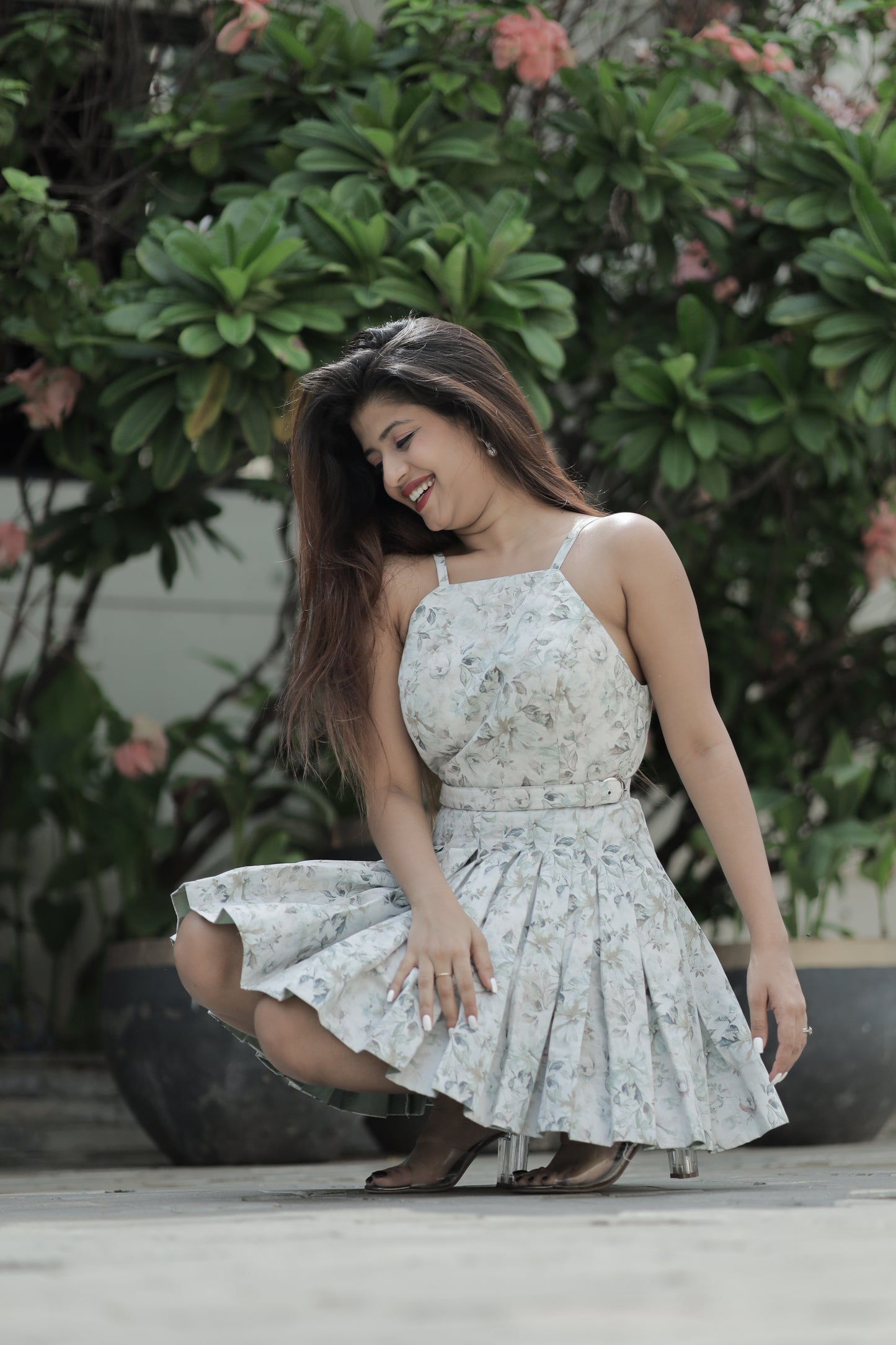 Front High Neck And Backless Box Plaited Frock With Customized Cap And Waist Belt