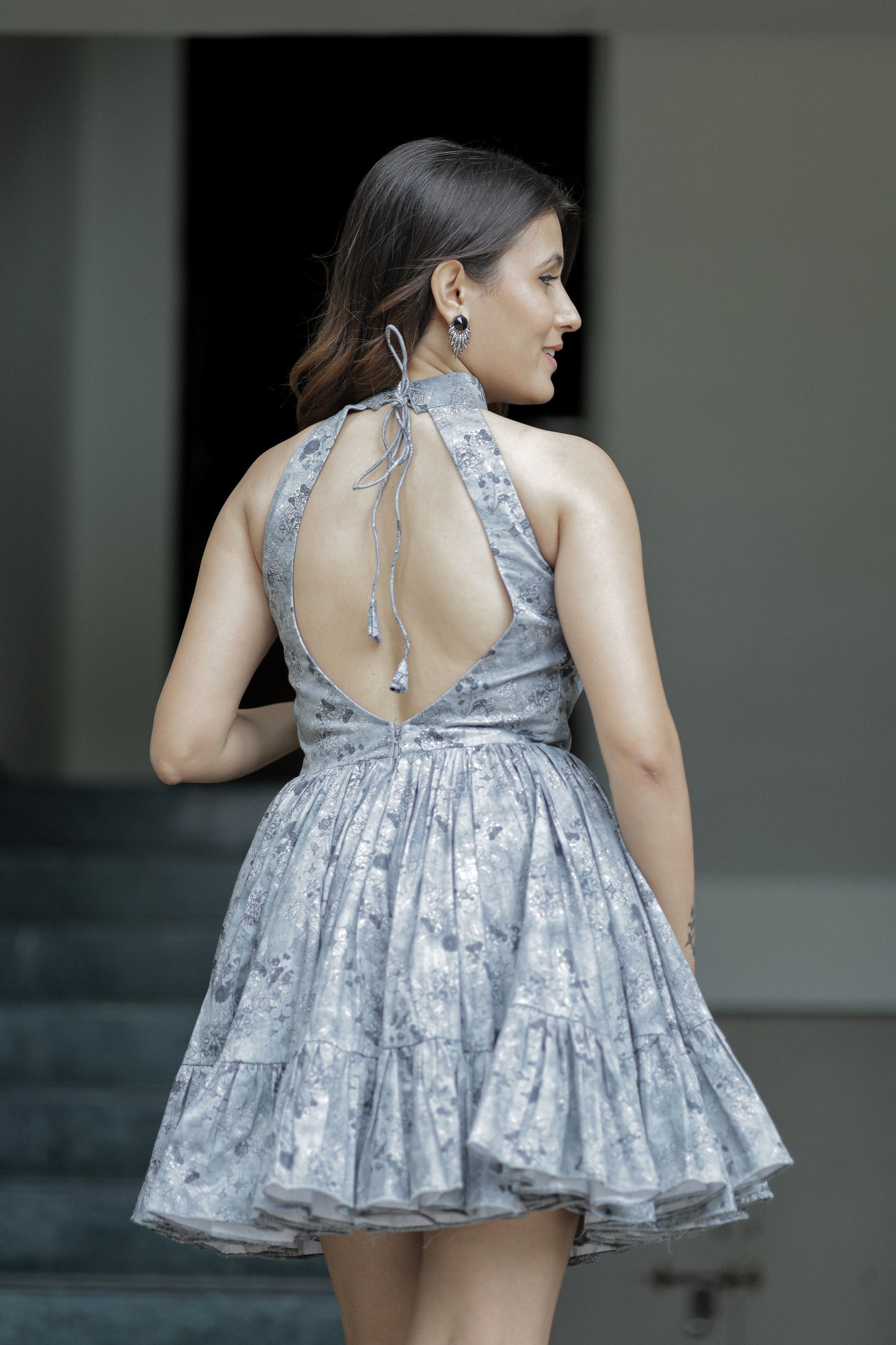 Turtle Color Halter Neck Backless Frock