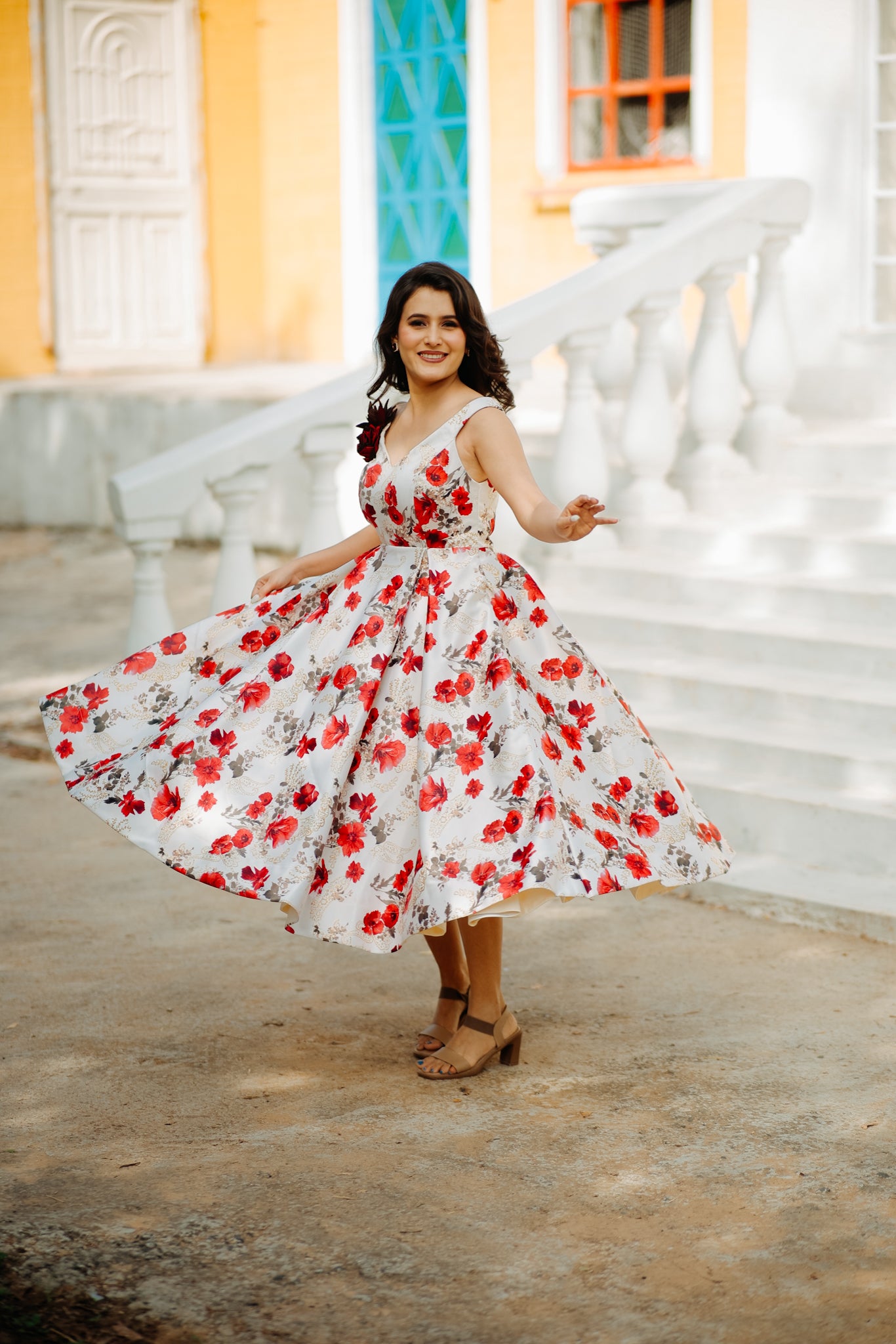 Red Flower Duchess Satin Frock