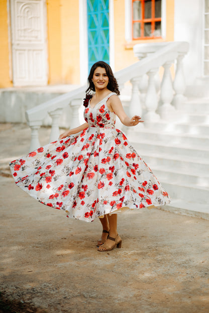 Red Flower Duchess Satin Frock