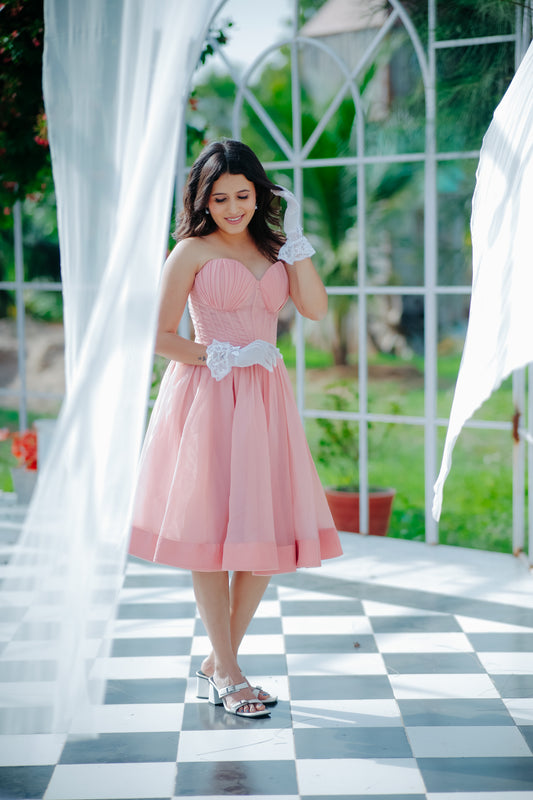 Peach Color Heavy Organza Corset Frock