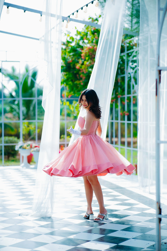Peach Color Heavy Organza Corset Frock